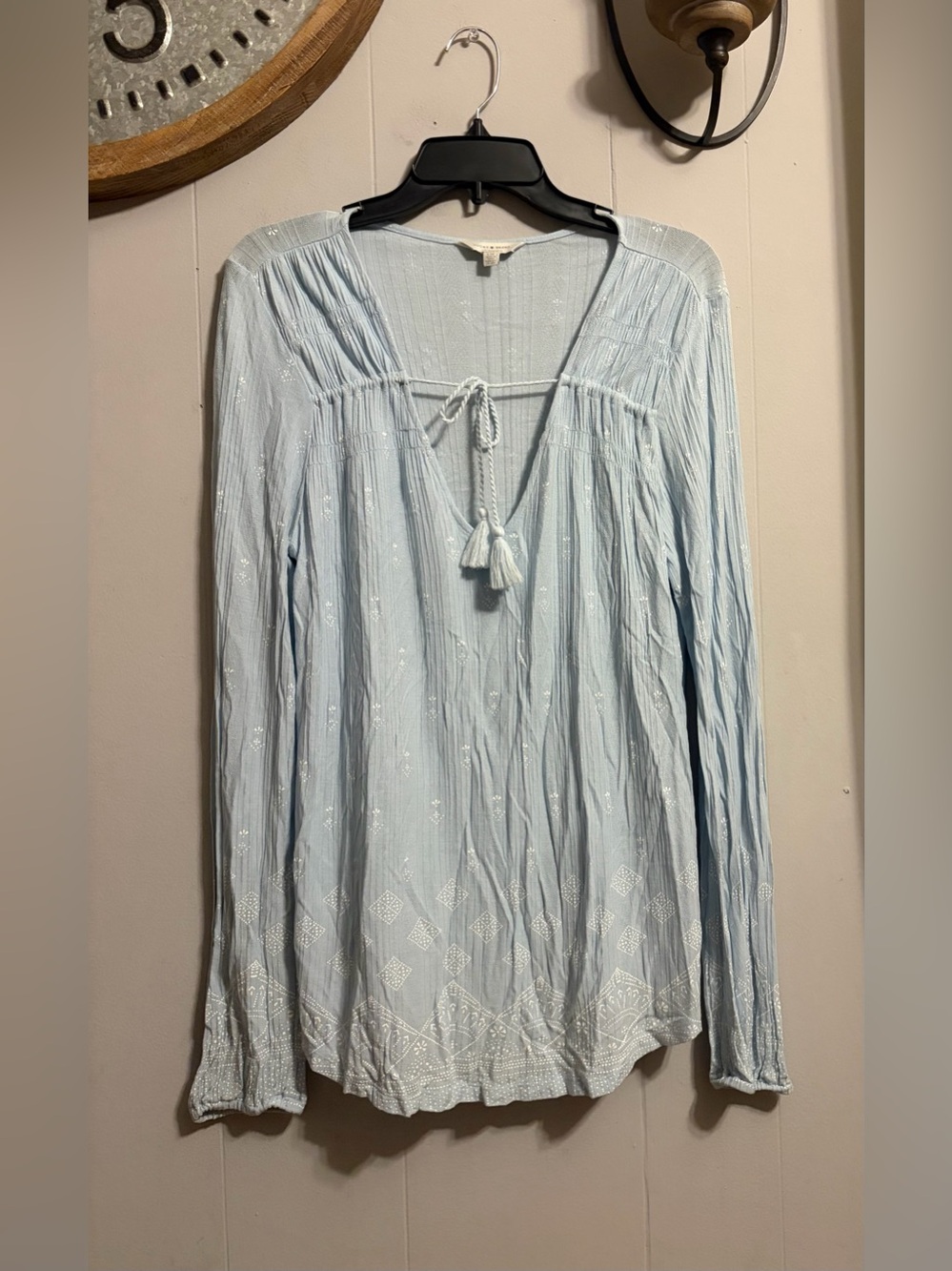 Lucky Brand Light Blue with Subtle White design Tassel Tunic